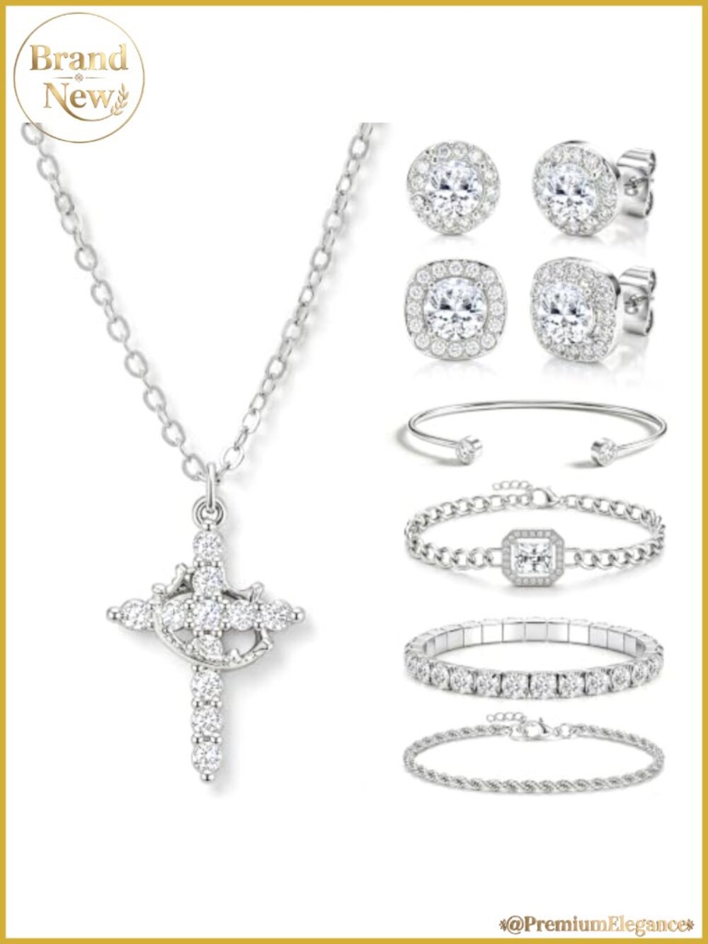 7pc Jewelry Set for Women - Cross Necklace, Earrings, Adjustable Bracelets